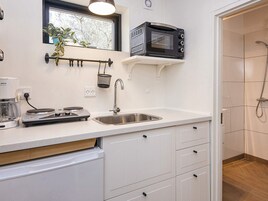 Una cocina moderna con microondas integrado, un lavamanos y una ventana con una planta.