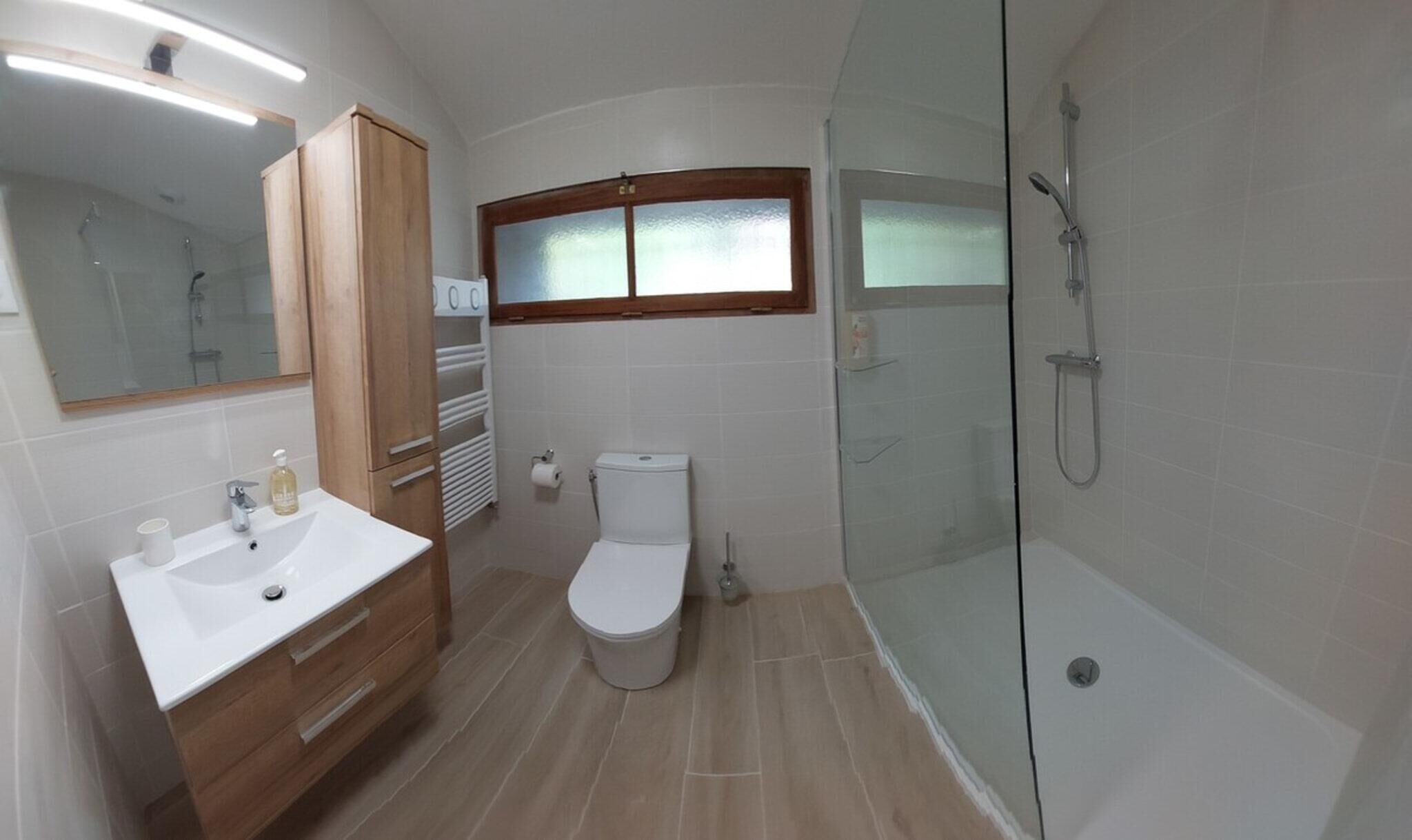 A modern bathroom with a glass-enclosed shower, a wooden vanity with a white sink, and a toilet.