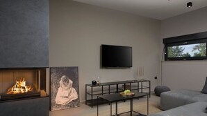 Una sala de estar moderna con chimenea, televisor de pantalla plana y un ventanal grande.
