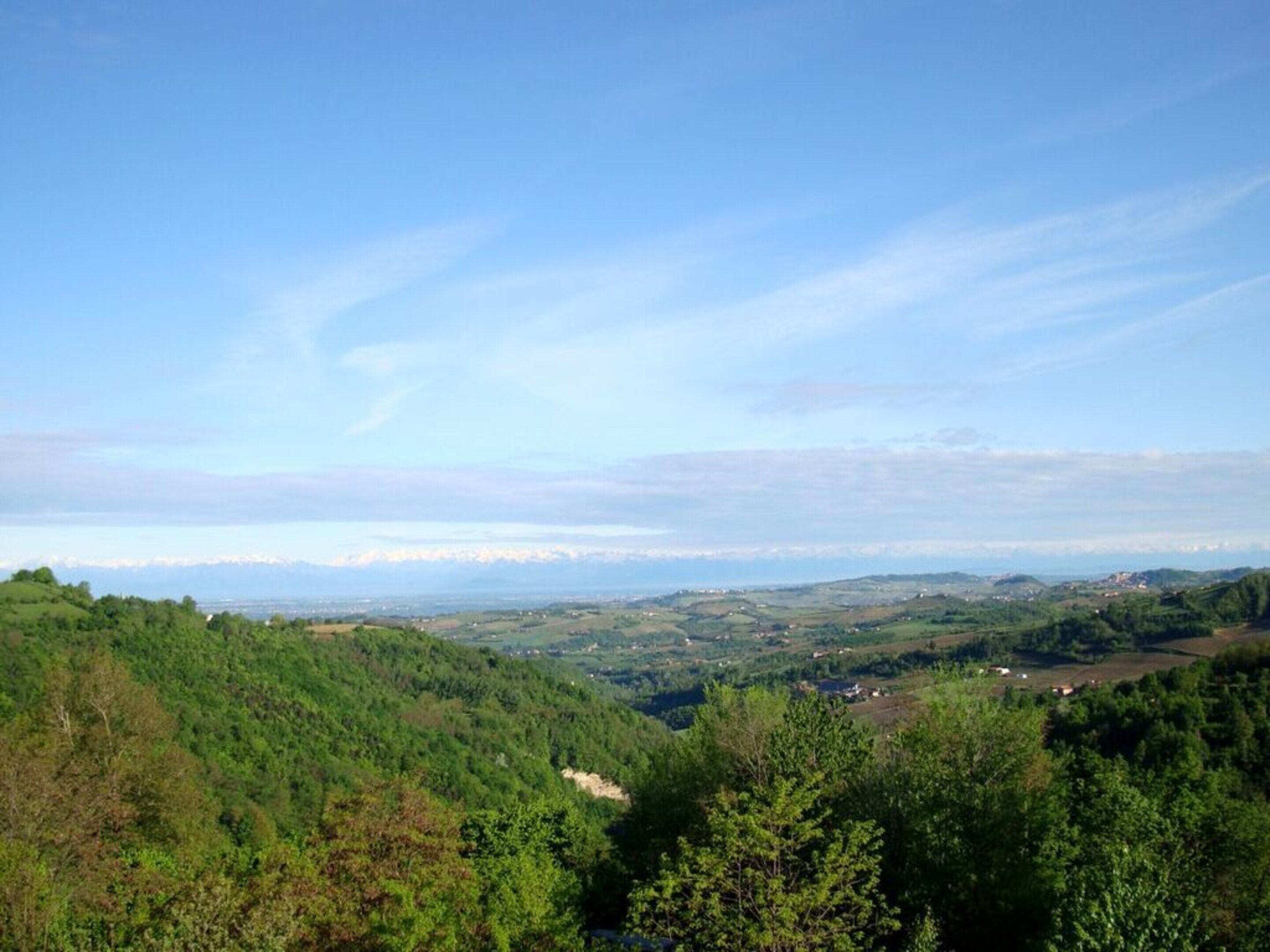 A panoramic view of a mountainous landscape with dense forests and scattered buildings.