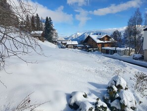 A snow-covered village with wooden houses and a mountain backdrop.