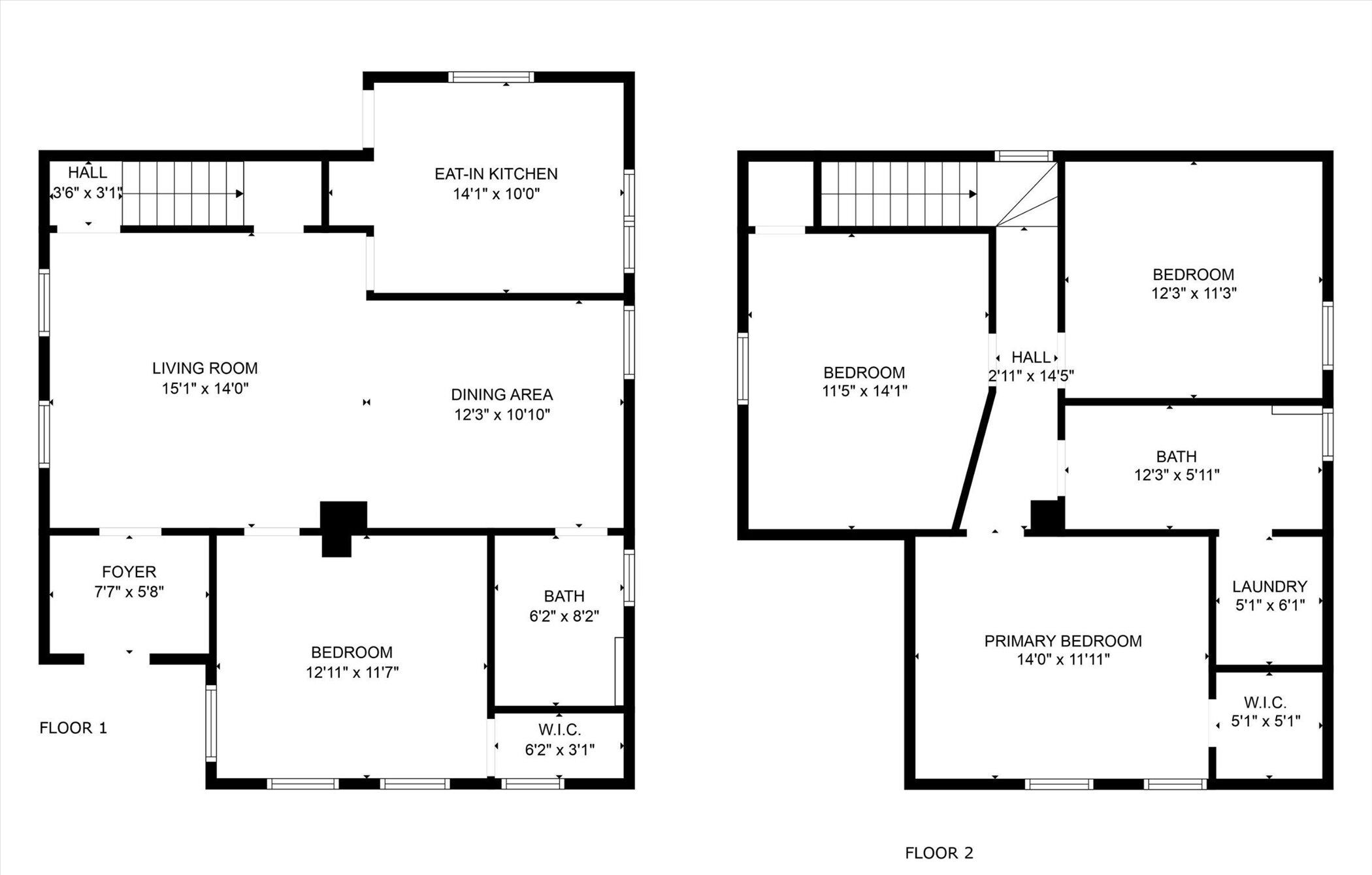 Due planimetrie di una casa che includono un soggiorno, una sala da pranzo, una cucina, due camere da letto, un bagno e un ingresso.
