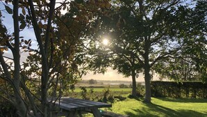 A picnic table in a grassy area with trees and a view of a field in the background. - Holiday Home Beach and Nature (Gelting)