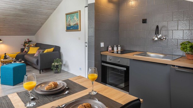 A modern kitchen with a built-in oven, a sink with a faucet, and a countertop. - Apartment Tete Mare (Dubrovnik)