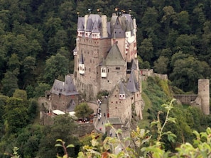 A medieval castle surrounded by dense forest, featuring multiple towers and a fortified wall. - Holiday Apartment Haus Burgenblick Bullay (Bullay)