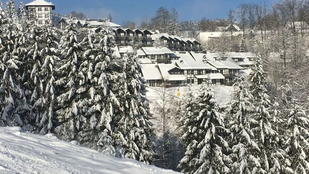 A snow-covered mountain resort with multiple chalet-style buildings, a water tower, and dense evergreen trees. - Postwiese Comfortable Holiday Residence (Winterberg)