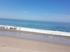 Una playa con cielo despejado y mar tranquilo.