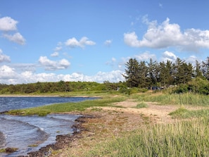 Un paysage naturel comprenant une rivière, des zones herbeuses et des arbres.