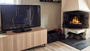 A living room with a TV on a wooden cabinet, a fireplace with a fire, and a window. - 5 Person Holiday Home in Falkenberg (Falkenberg)