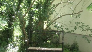 Eine Bank in einem Gartenbereich mit dichtem Grün und einer Wand im Hintergrund.