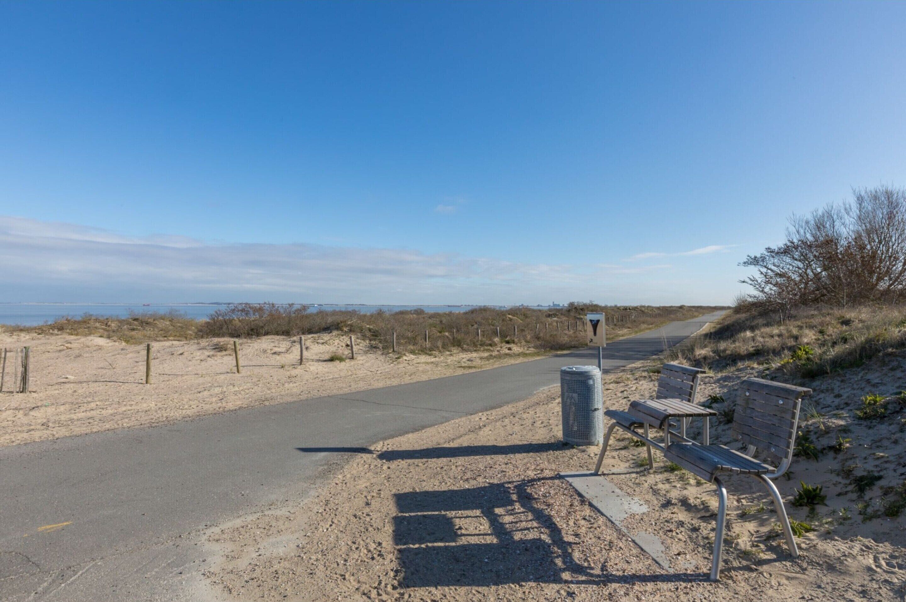 A coastal road with a bench and a trash can.