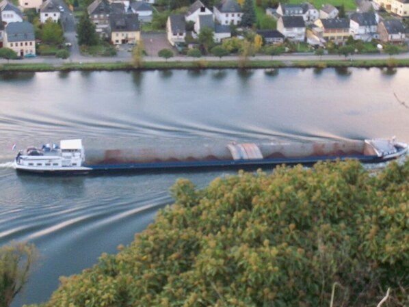 A river with a cargo ship and houses along the shore.