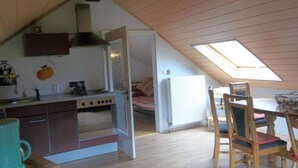 A compact kitchen with a stove, sink, and a small window. - in Landhuisstijl met Uitzicht op de Moezel (Piesport)