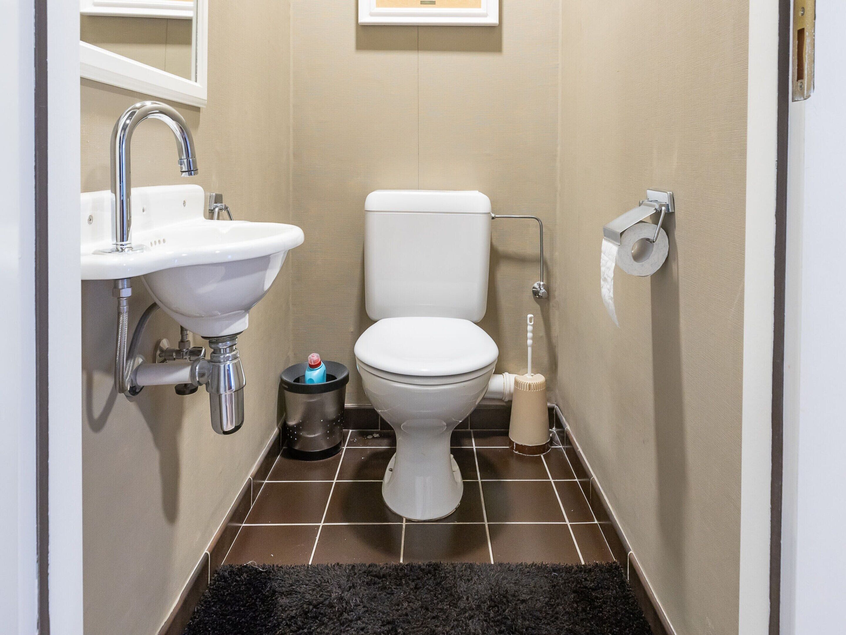 Un bagno piccolo con un lavandino bianco, un water e un cestino.