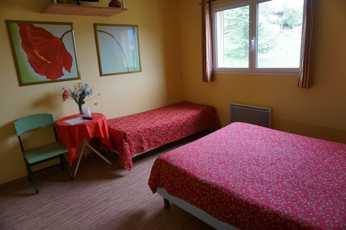 A room with two single beds, a small table with a vase of flowers, a chair, and two framed pictures on the wall.