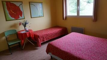 Una habitación con dos camas individuales, una mesita con un jarrón de flores, una silla y dos cuadros en la pared.