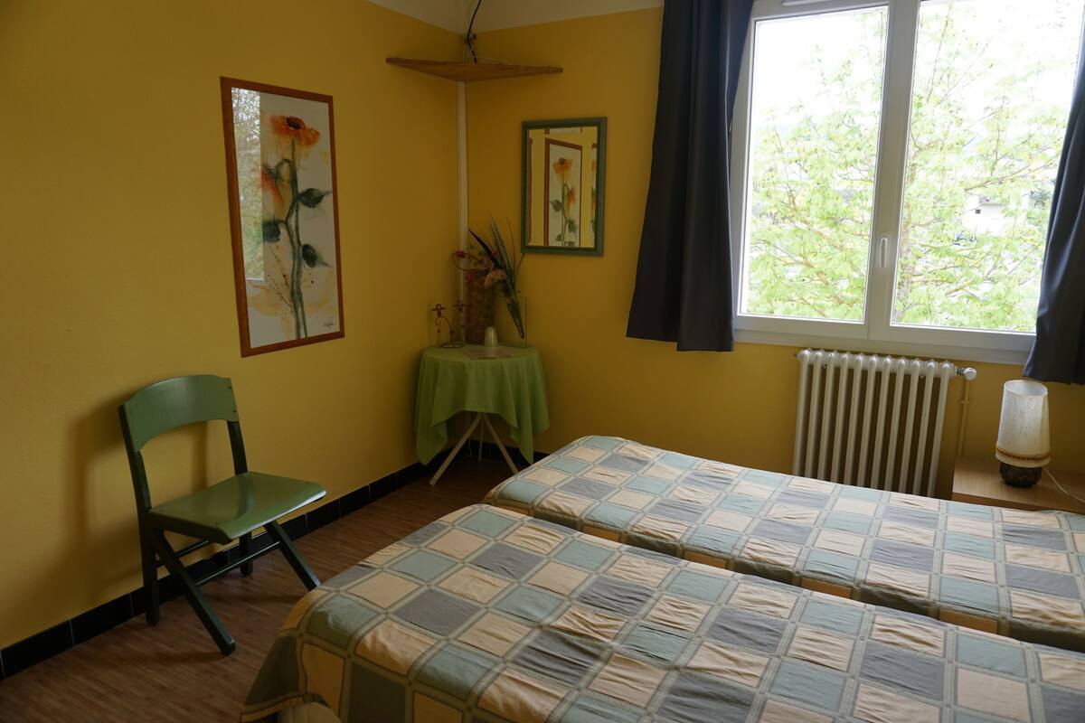 A room with two beds, a chair, a radiator, and a window with a view of trees.