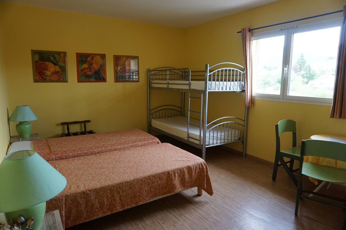 A room with two bunk beds, a desk, a chair, a lamp, and three paintings on the wall.
