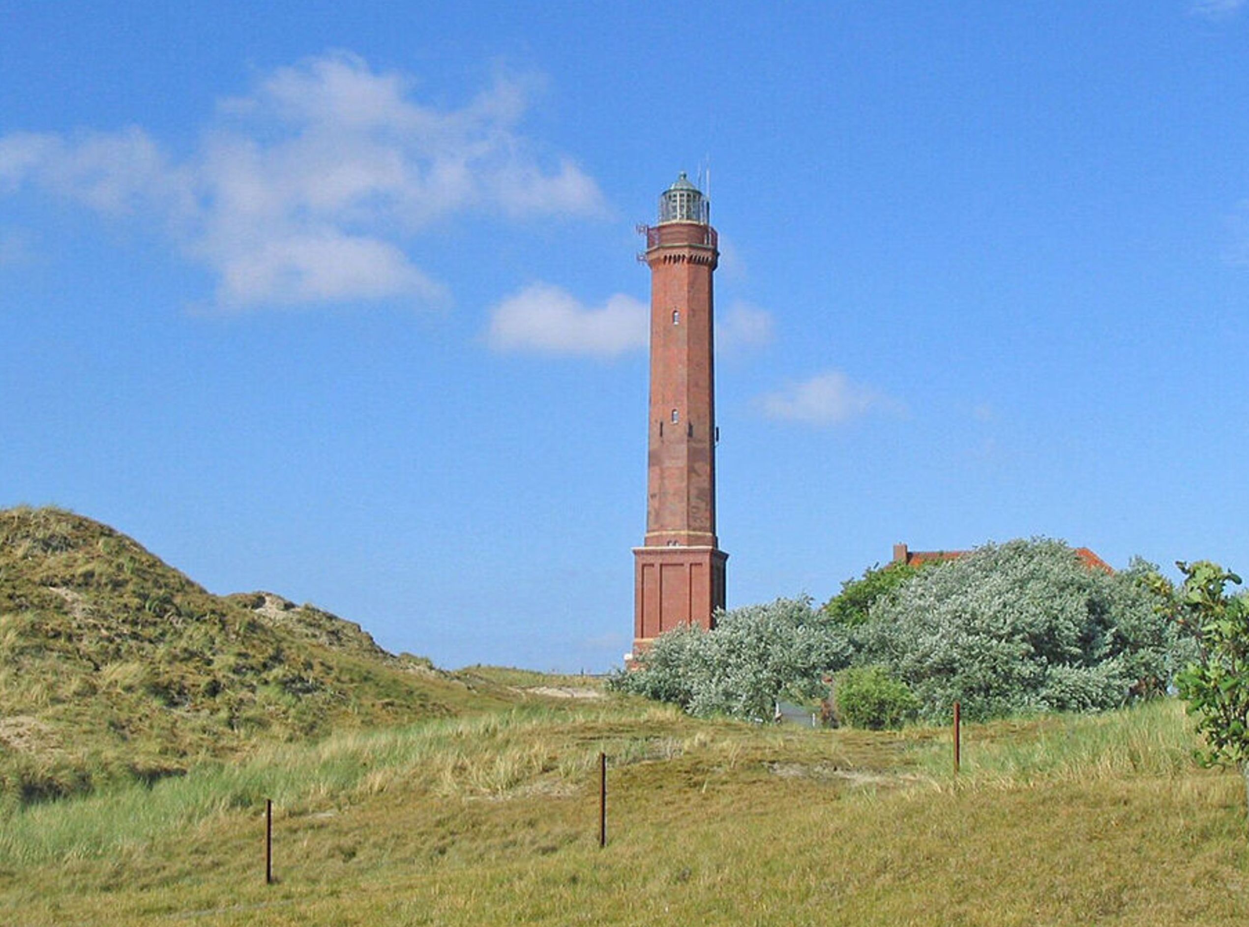 Ein hoher, roter Leuchtturm vor blauem Himmel.