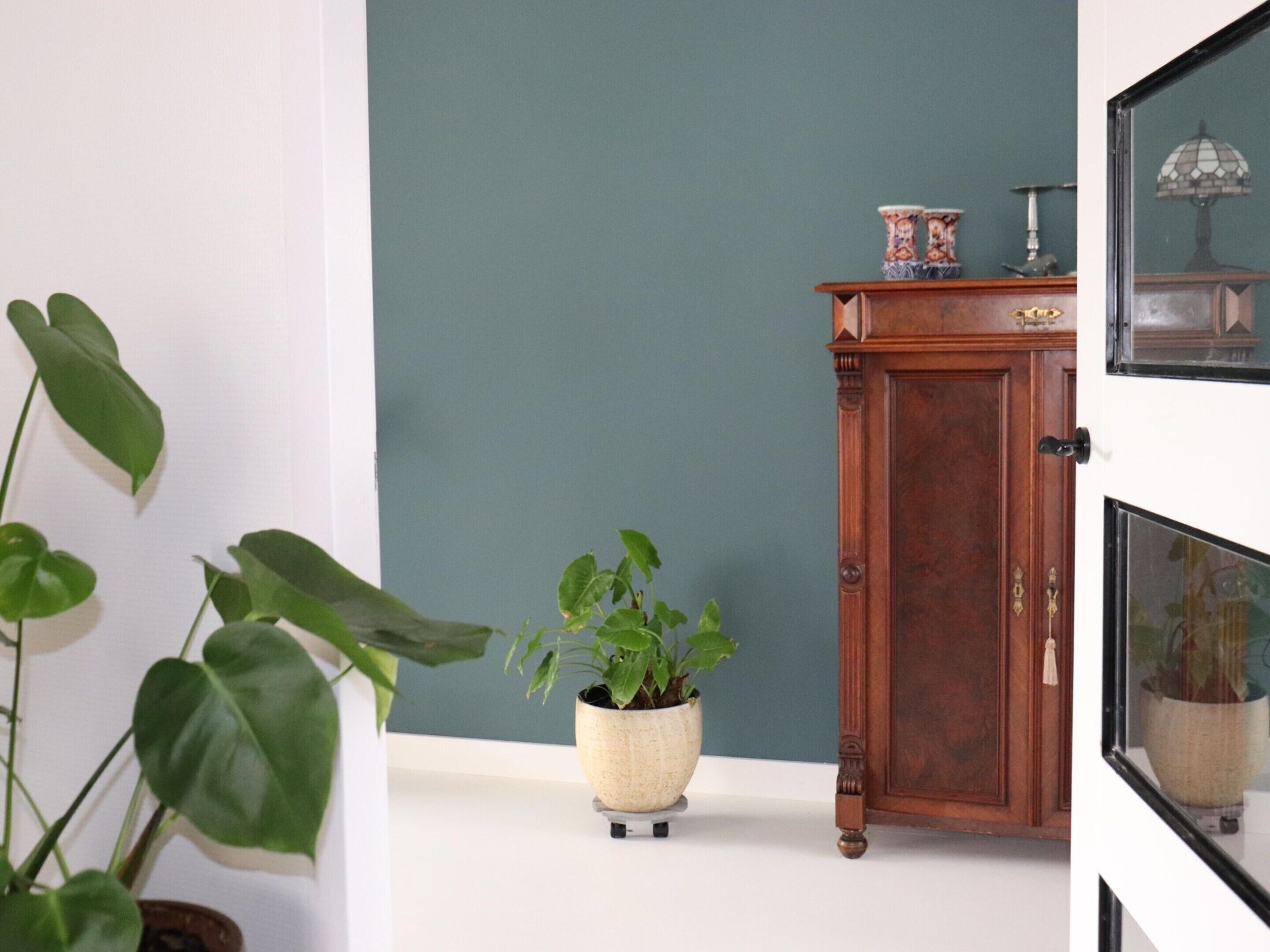 A room with a green wall, a wooden cabinet with decorative items, and a potted plant.