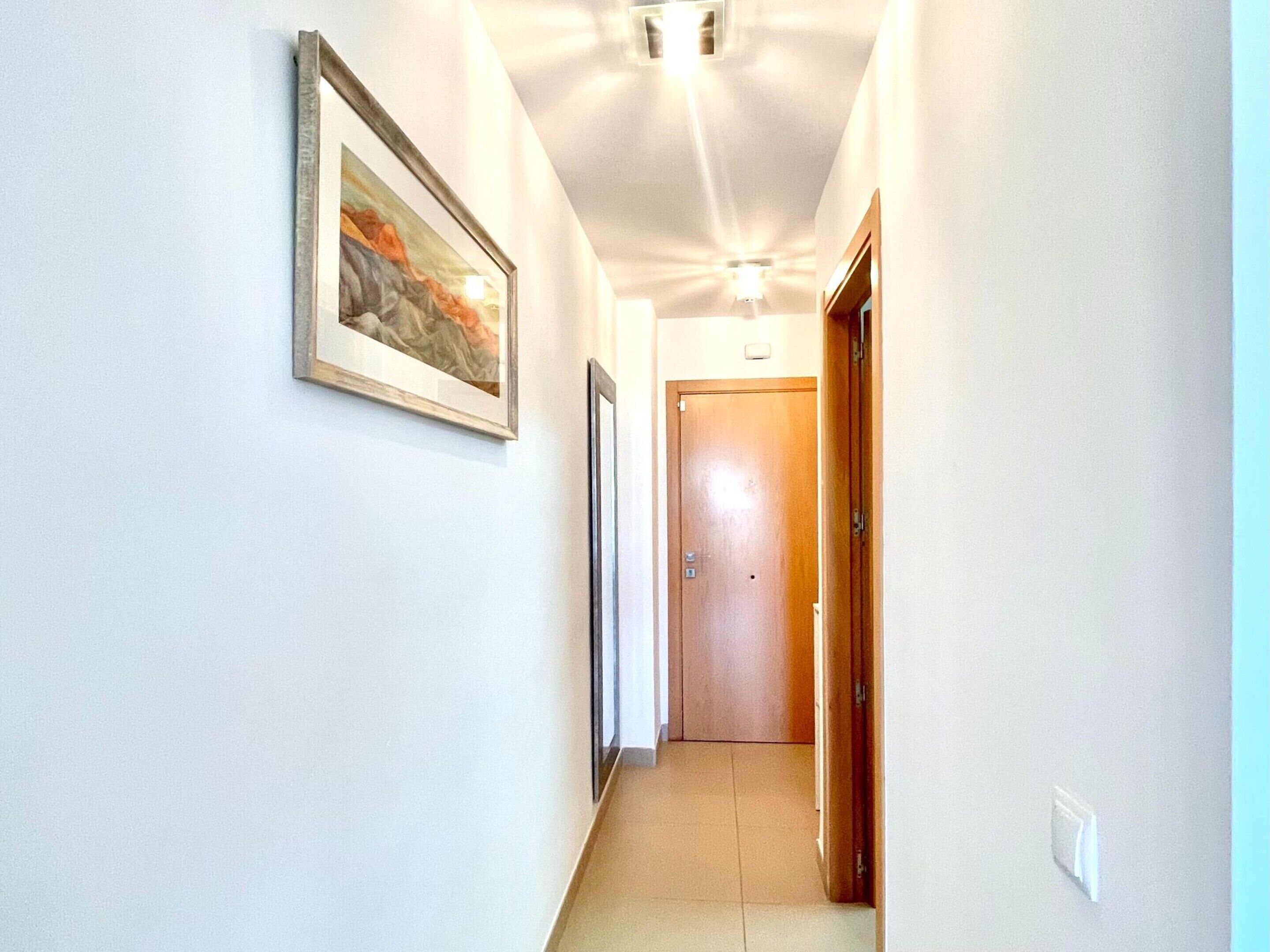 A hallway with a framed picture on the wall, a wooden door at the end, and a ceiling light.