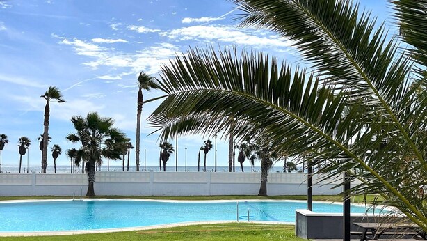 Una piscina con vista al océano, rodeada de palmeras y un muro blanco.