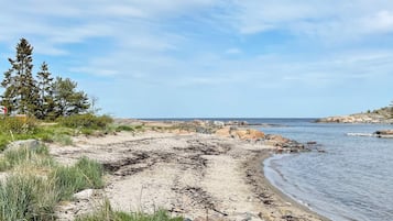 A beach with a rocky shoreline, clear sky, and sparse vegetation.