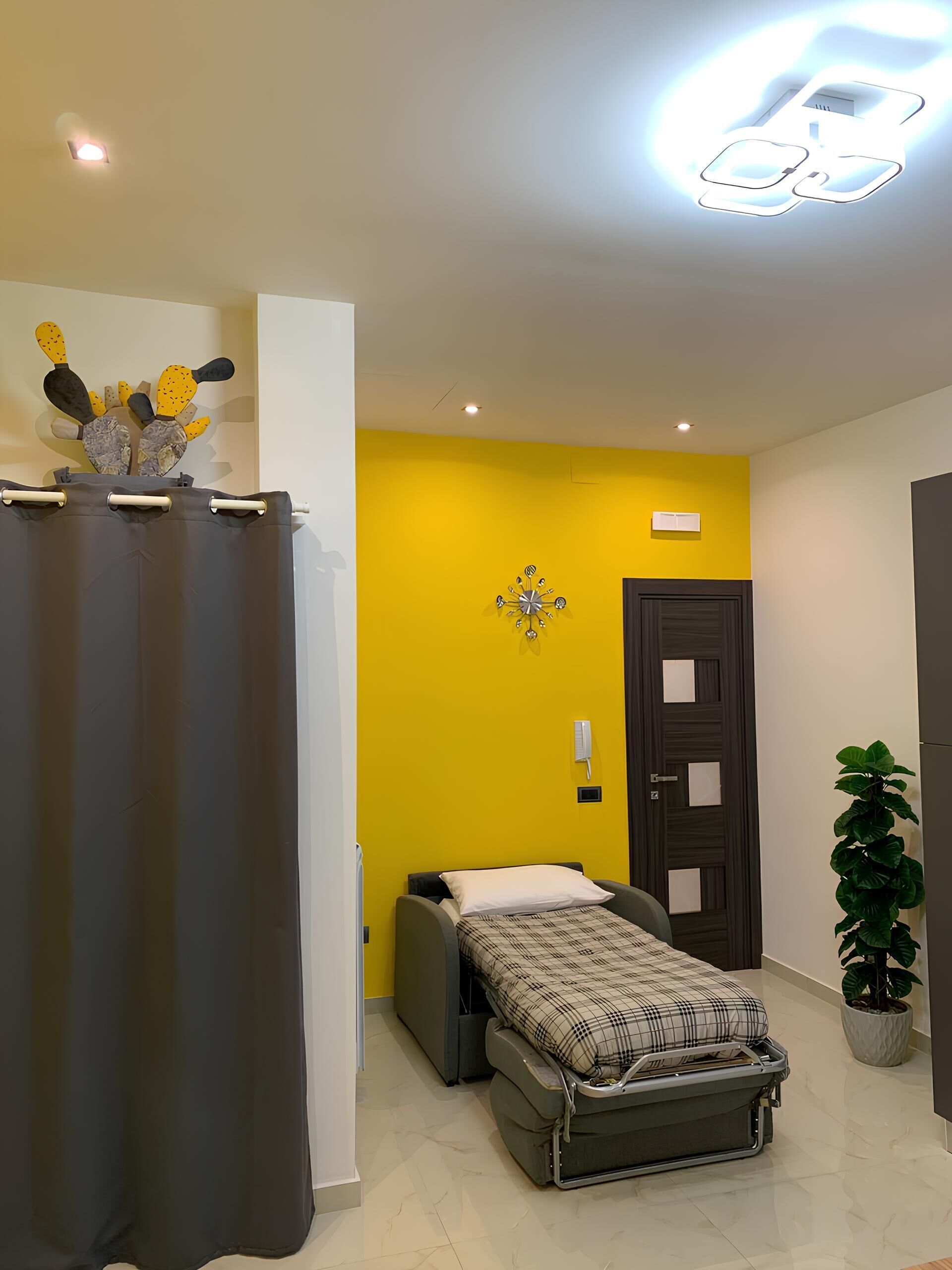 A compact bedroom with a bed, a curtain, a wall clock, a door, and a potted plant.