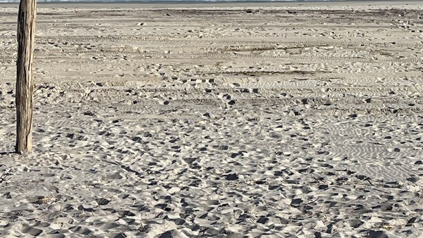 Ein Strand mit einem Holzpfahl und einem sandigen Ufer.