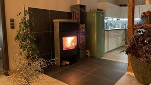 A modern kitchen with a wood-burning stove, a refrigerator, and a sink. - Place to Be Modern Retreat (Georgenthal)