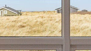 A view through a window of a building with a grassy field and several houses in the distance.