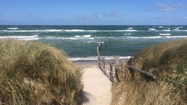 A sandy beach path leading to the ocean with waves crashing onto the shore. - Holiday Apartment Haus Sundevit (Pruchten)