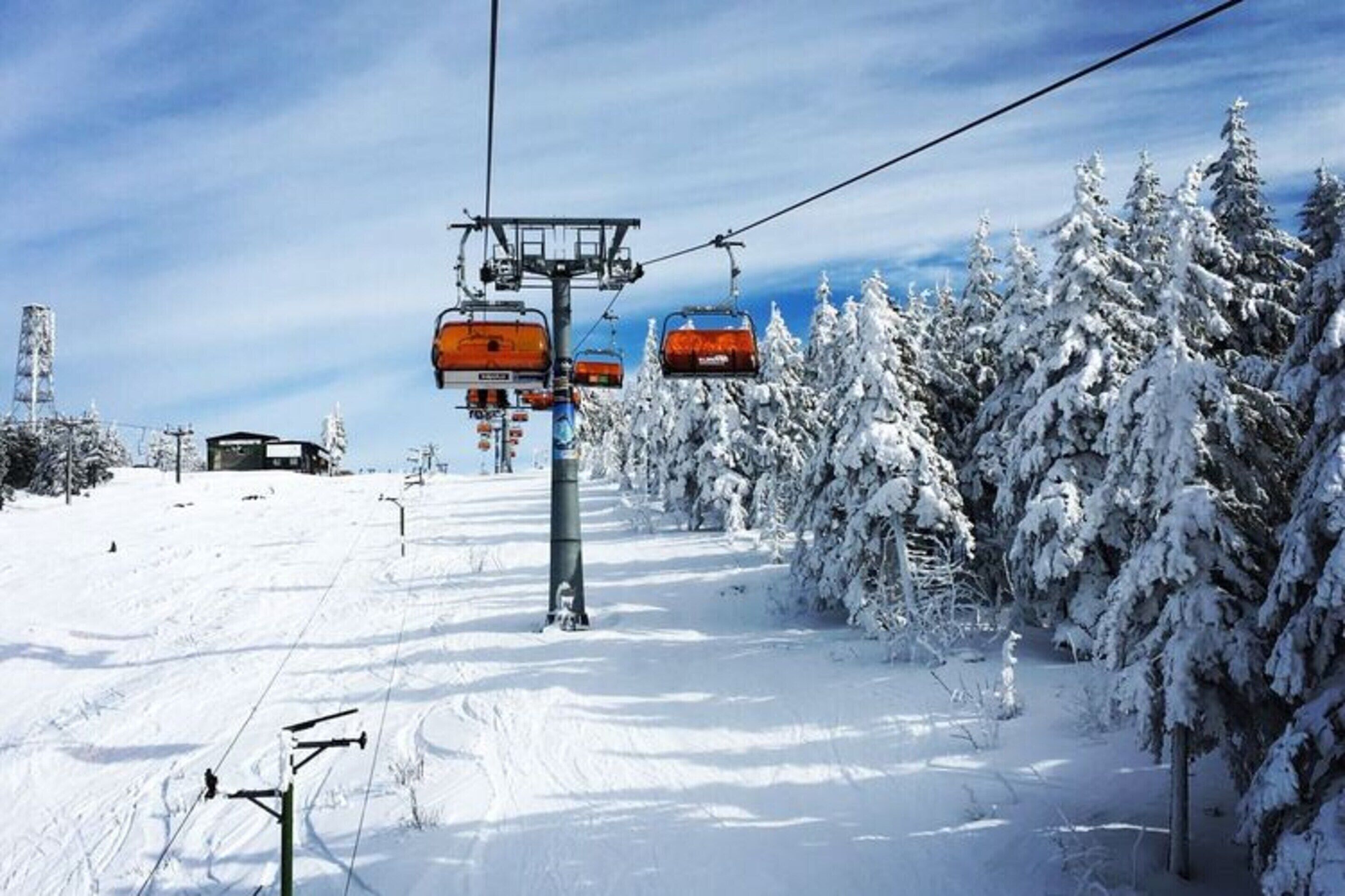 Eine Seilbahn mit Sesseln, die sich über einen verschneiten Hang bewegen, umgeben von schneebedeckten Bäumen.