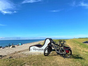 A mountain bike parked on a grassy area with a sign reading "FEHMARN im meer mitte." - Holiday Apartment Baltic Sea Breeze (Fehmarn)