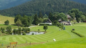 A golf course with a pond, a bench, and houses in the background. - Yvonne Comfortable Holiday Residence (Titisee-Neustadt)