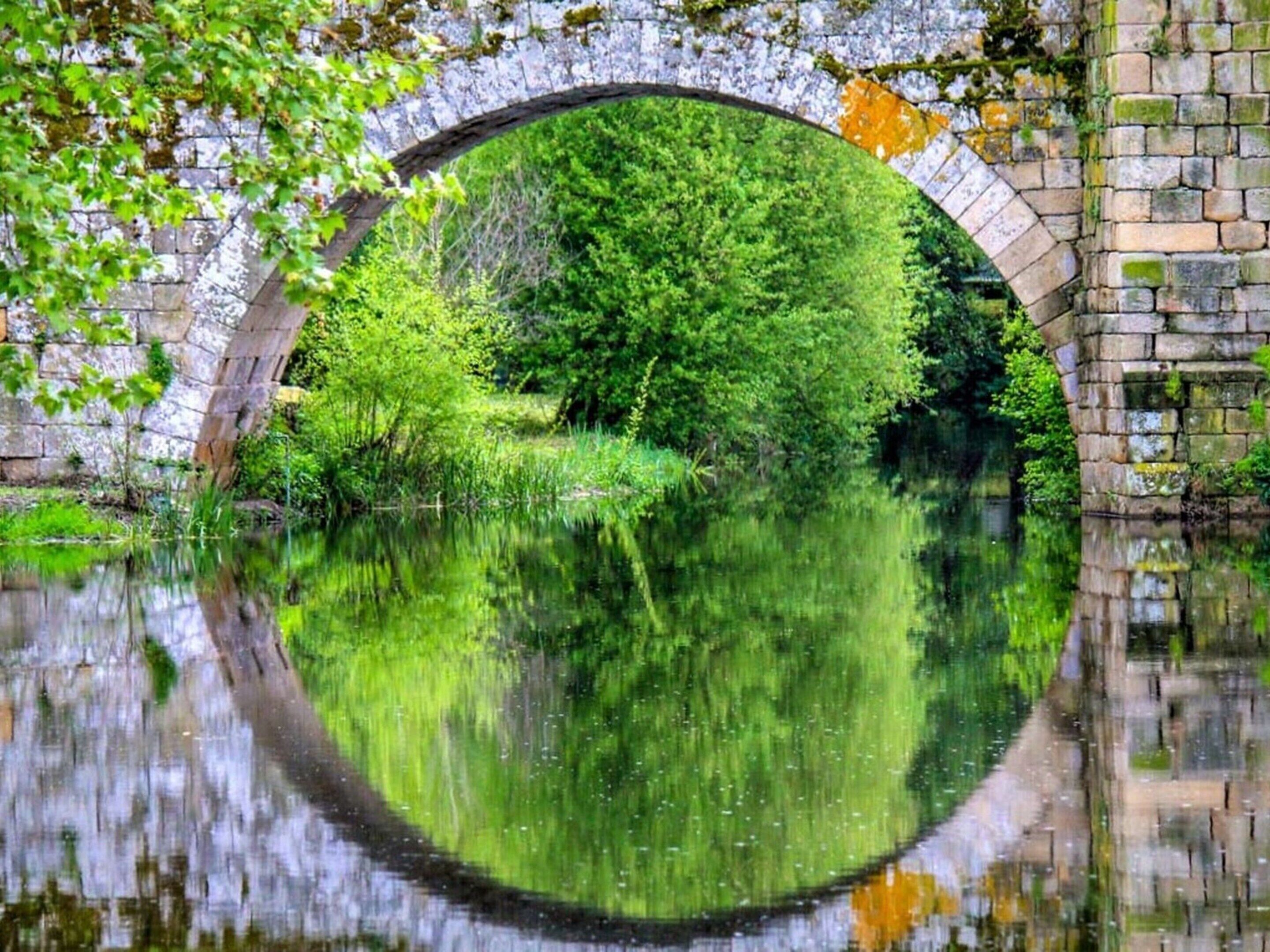 A stone bridge arching over a calm river, surrounded by lush greenery.