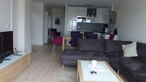 A modern living room with a TV, sofa, and coffee table. A kitchen is visible in the background with cabinets and appliances. - Lutje Sandbank Modern Retreat (Juist)