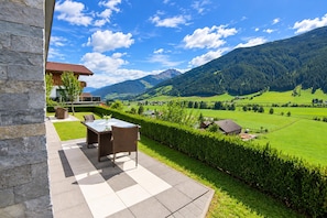 Une terrasse avec une table et des chaises donnant sur un paysage verdoyant et des montagnes.