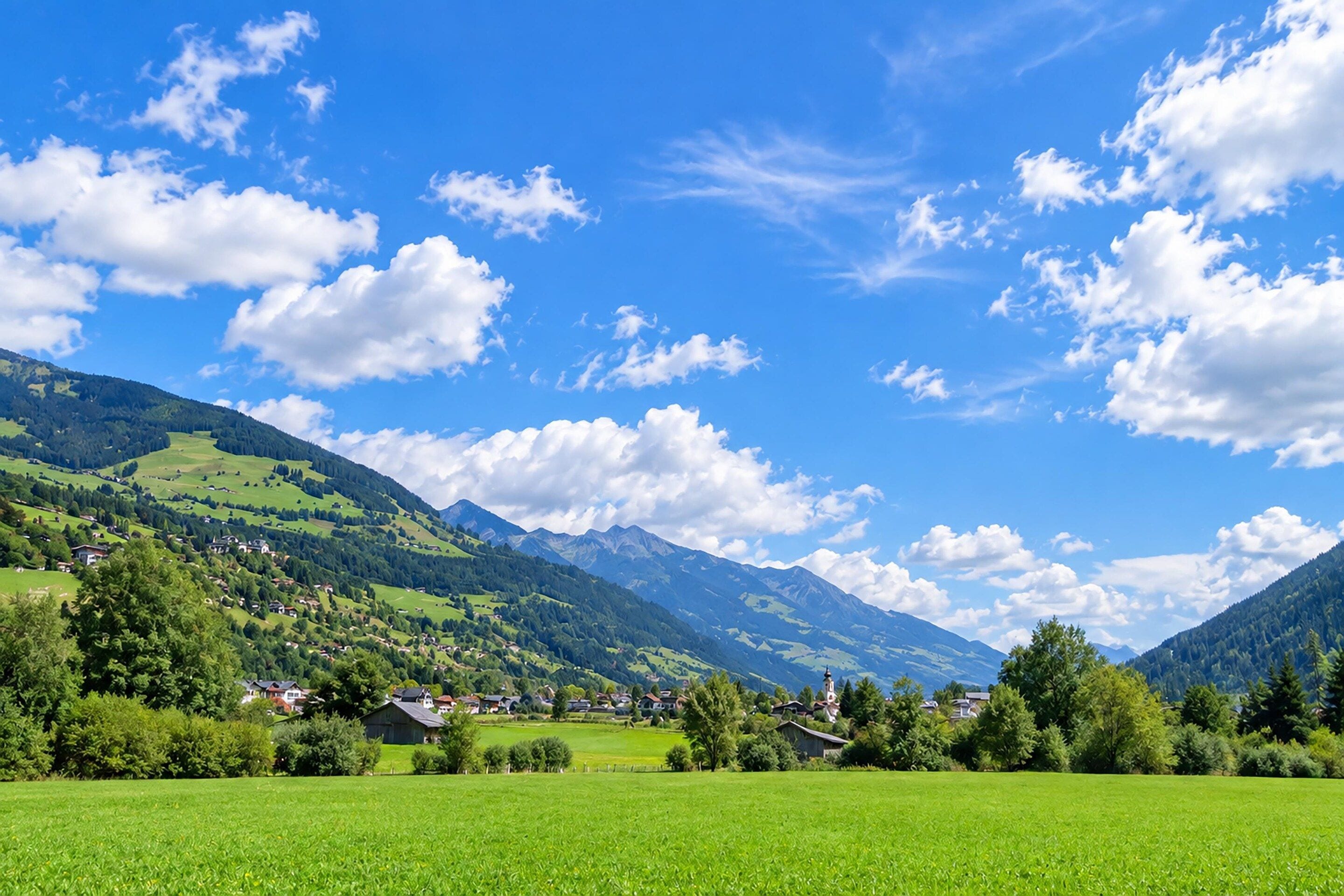 A rural landscape with a clear sky, green fields, and distant mountains.