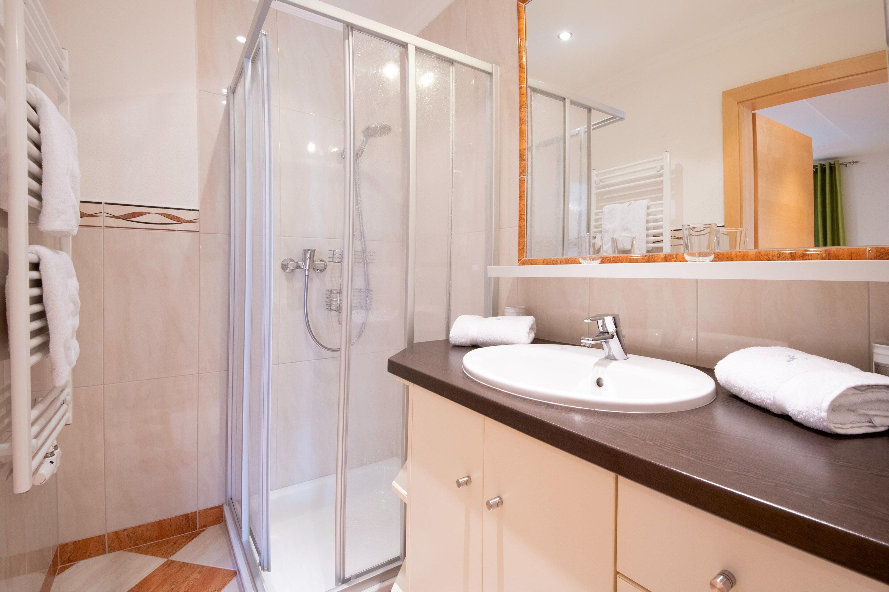 A modern bathroom with a glass-enclosed shower, a white sink, and a mirror above the vanity.