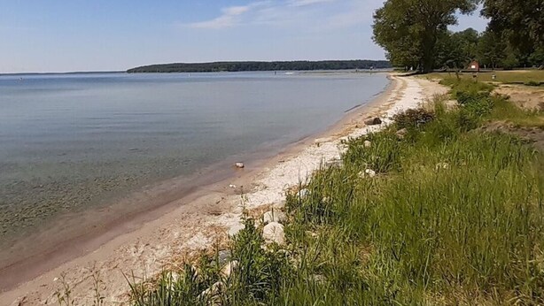 A beach with clear water, a sandy shore, and a grassy area with trees. - Holiday Room Lenzer Hafen (Fuenfseen)