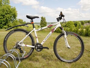 A mountain bike with a white frame and red accents, equipped with a water bottle and a rear rack, parked on grass with trees and a lake in the background. - Rugen Apartment Waterview (Bergen auf Ruegen)
