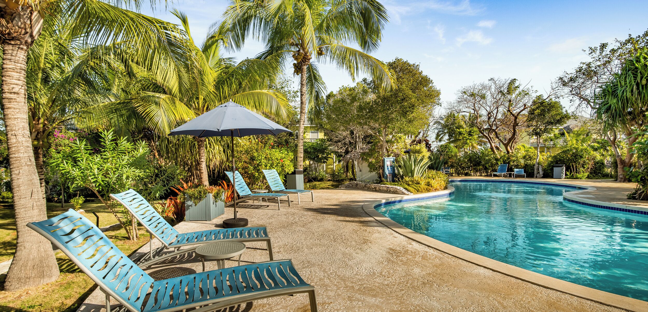 Alberca al aire libre, sombrillas en la alberca y camastros 