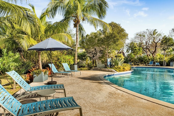 Alberca al aire libre, sombrillas en la alberca y camastros