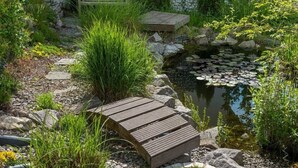 A garden with a pond, wooden bridge, and a bench. - History and Luxus (Schonach im Schwarzwald)