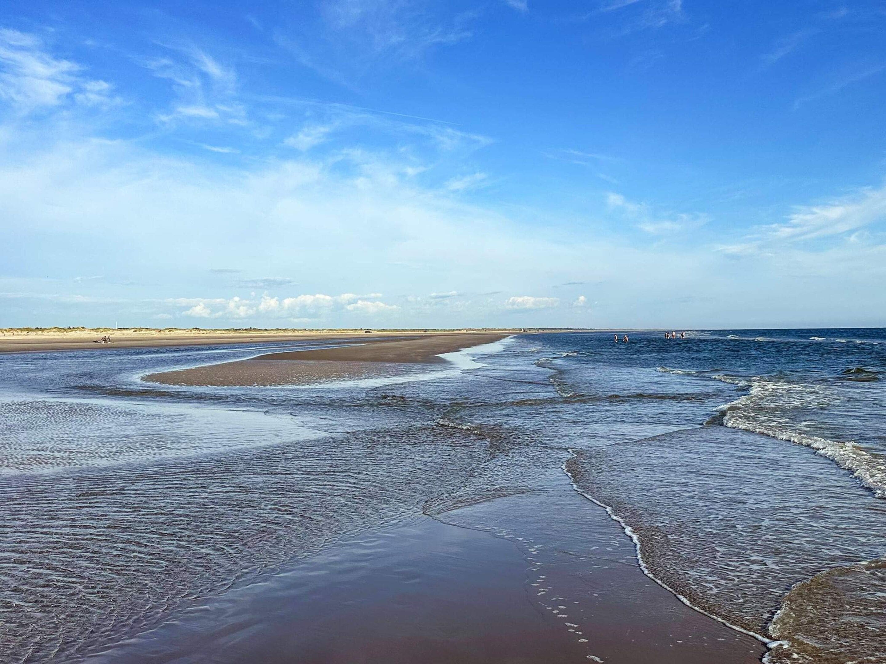 A beach with a wide sandy shore and gentle waves.