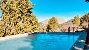 A swimming pool with clear blue water, surrounded by trees and mountains in the background.