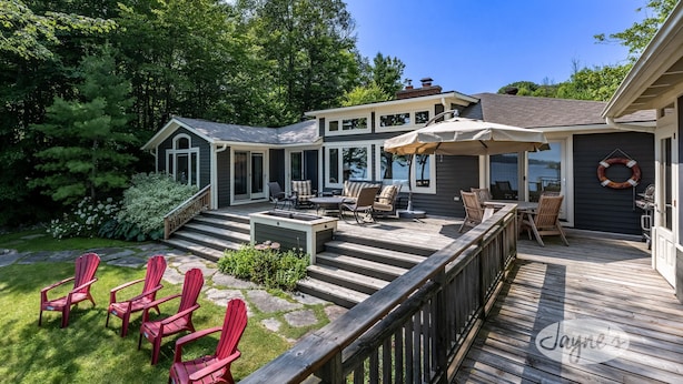 Une terrasse dotée de mobilier d’extérieur, d’un patio couvert et offrant une vue sur un lac.