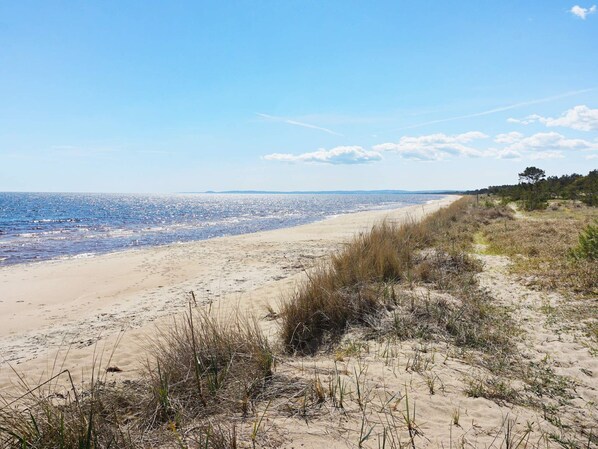 A beach with a clear sky and distant land.
