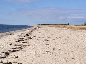 Een zandstrand met een heldere lucht en een rustige zee.